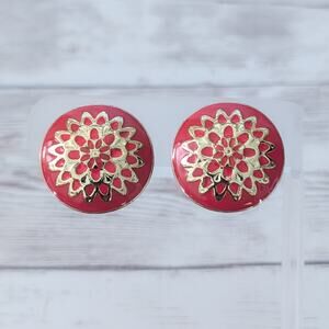 Vintage Clip On Earrings - Large Stylish Red & Gold Tone Statement Retro